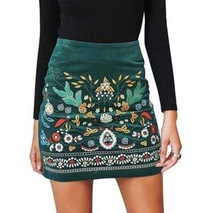 Simplee Embroidered Green Corduroy Skirt